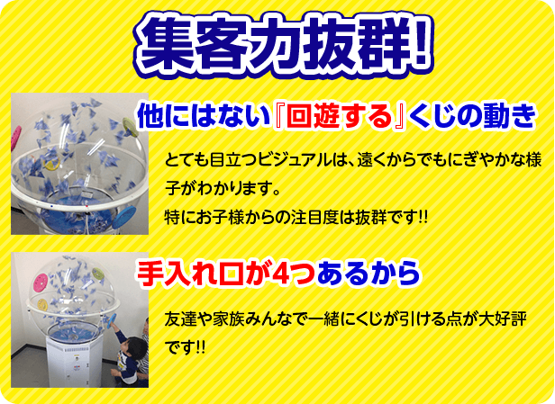 集客力抜群！他にはない「回遊する」くじの動き とても目立つビジュアルは、遠くからでもにぎやかな様子がわかります。特にお子様からの注目度は抜群です！手入れ口が４つあるから 友達や家族みんなで一緒にくじが引ける点が大好評です!!